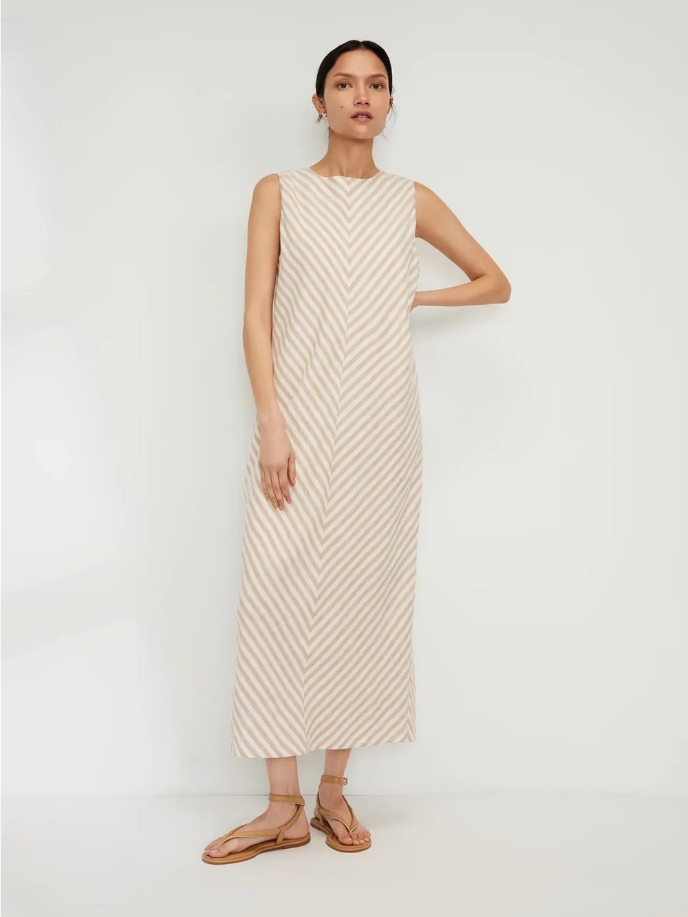 Everlane The Linen Bias Cut Dress in neutral bone and caramel chevron sz. 8